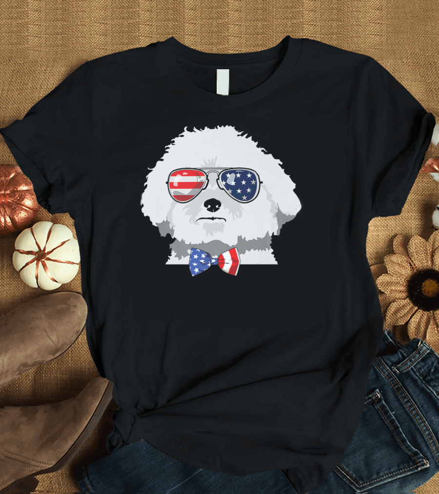 Bichon Frise Dog With American Flag Sunglasses and Bow Tie 4th Of July T-Shirt