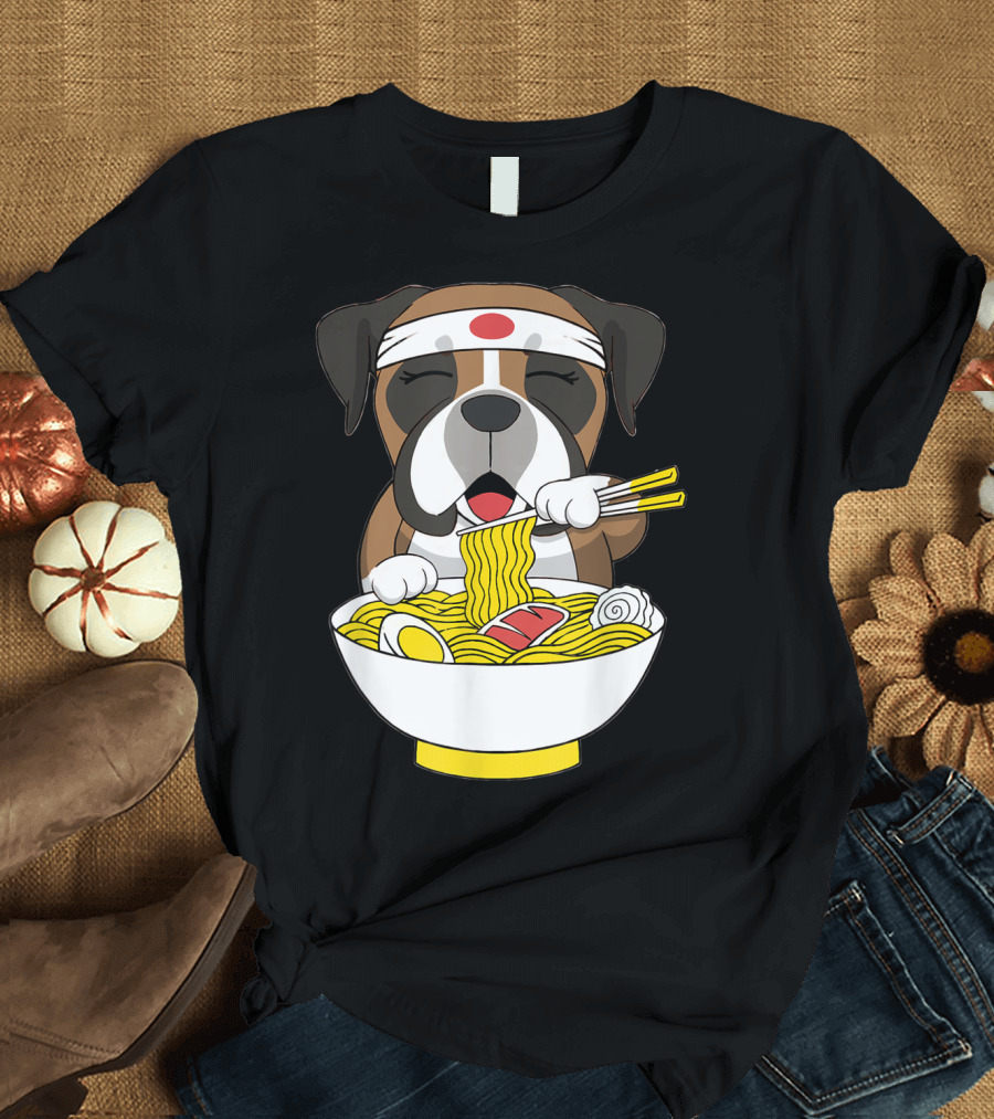 Boxer Dog Enjoying Ramen with Chopsticks and Headband T-Shirt