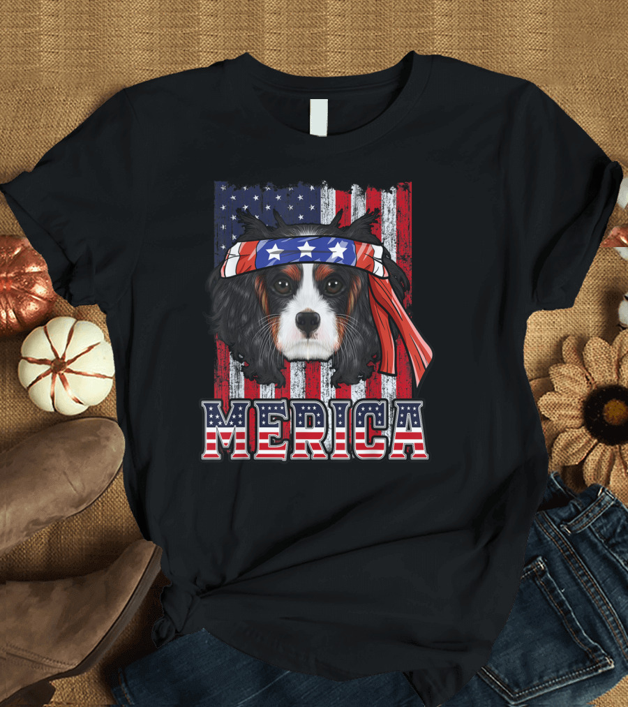 Cavalier King Charles Spaniel Merica American Flag Bandana T-Shirt