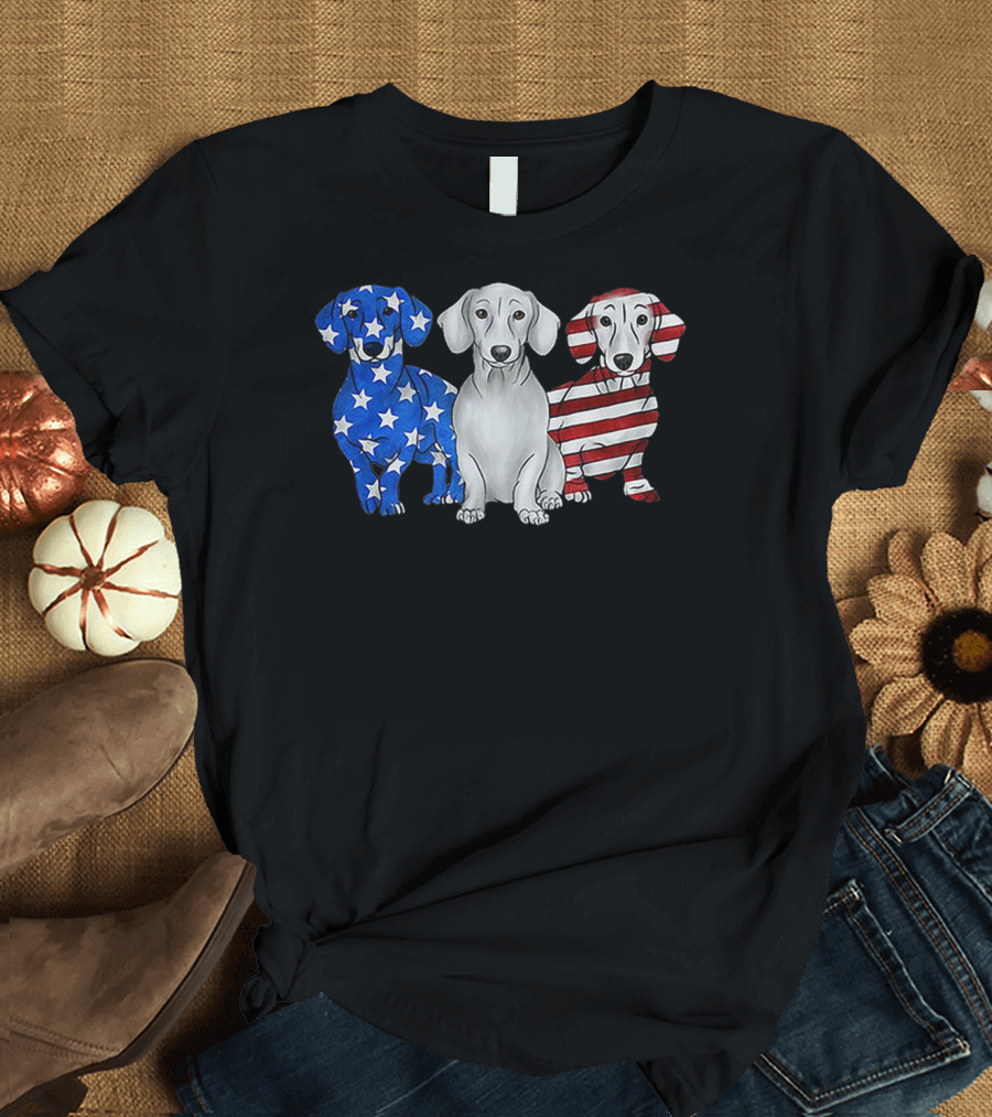 Dachshund Breed Dog Red White Blue American Flag Stars Stripes T-Shirt