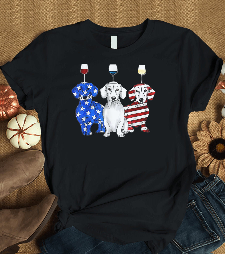 Dachshund American Flag Colors Stars Stripes Red White Blue Wines T-Shirt