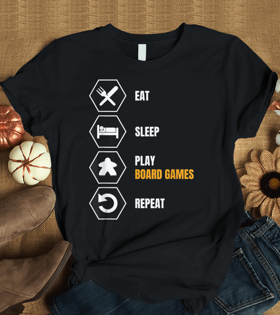 Eat Sleep Play Board Games Repeat Meeple Icons T-Shirt