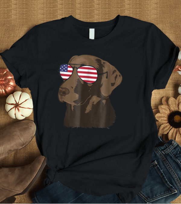 T-Shirt: Chocolate Lab Wearing American Flag Sunglasses Funny Dog T-Shirt Chocolate Lab Wearing American Flag Sunglasses Funny Dog T-Shirt