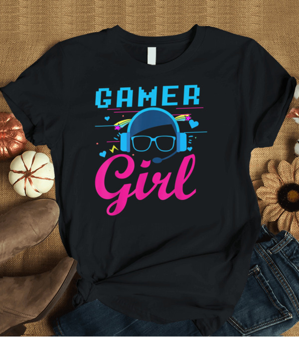 T-Shirt: Gamer Girl Headset Hearts and Stars Video Gaming T-Shirt Gamer Girl Headset Hearts and Stars Video Gaming T-Shirt