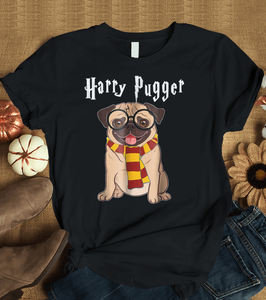 Harry Pugger Magic Wizard Pug Dog Scarf Glasses T-Shirt