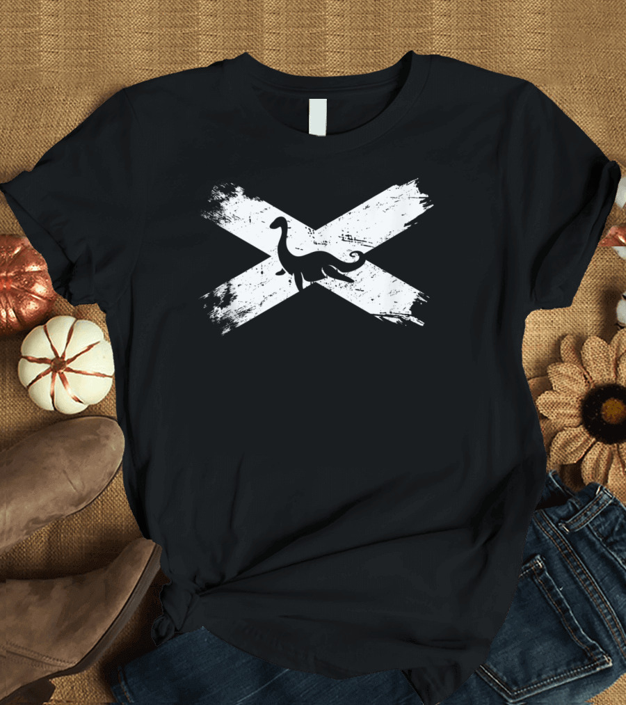 Loch Ness Scotland Caber Toss Kilt Cross Dinosaur T-Shirt