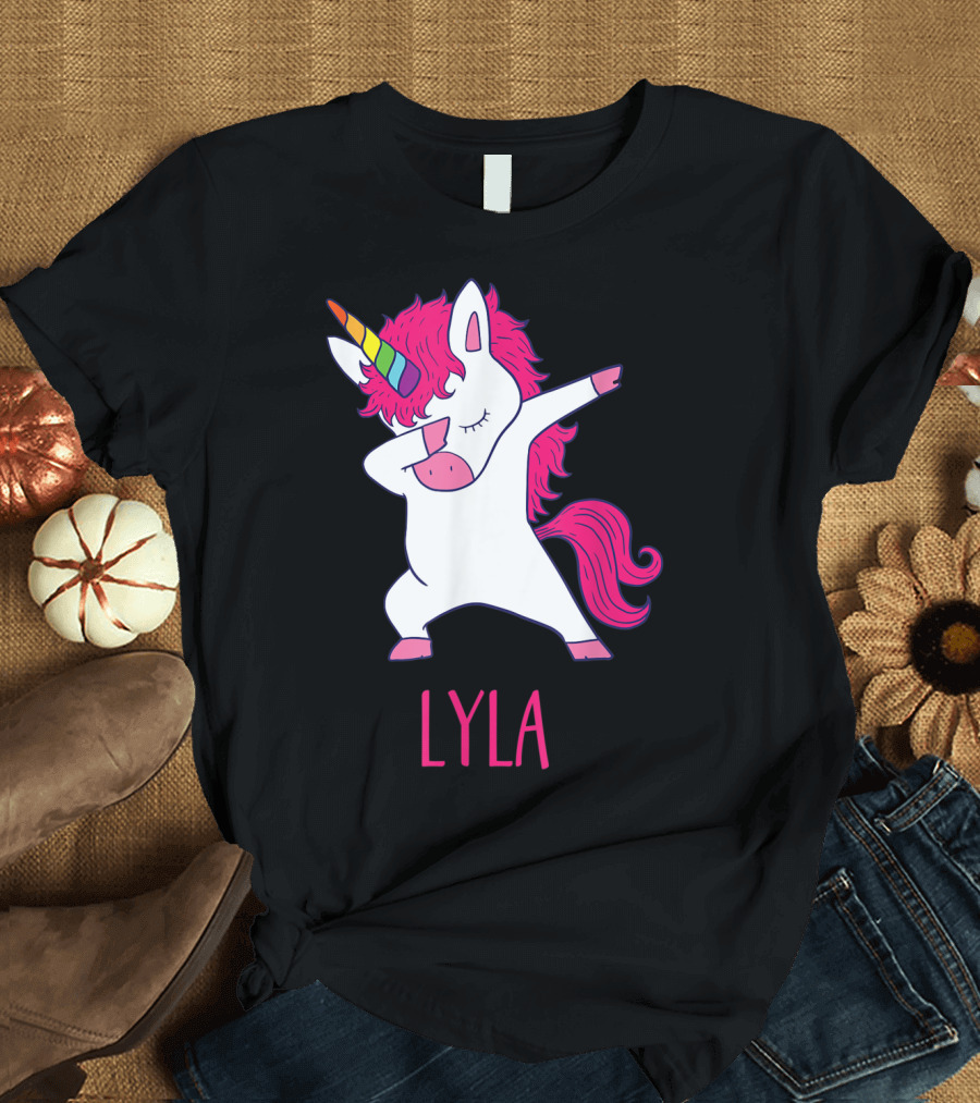 Lyla Rainbow Horn Dabbing Unicorn with Pink Mane T-Shirt