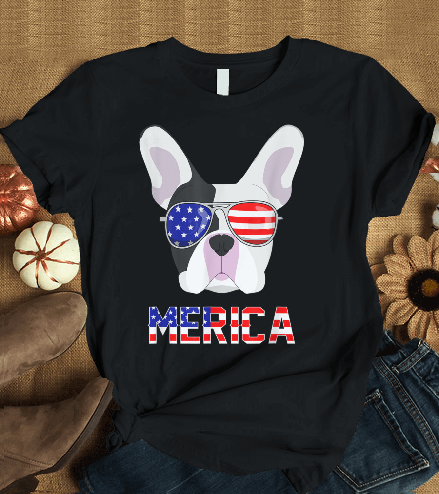 Merica French Bulldog 4th of July Patriotic Flags Glasses T-Shirt