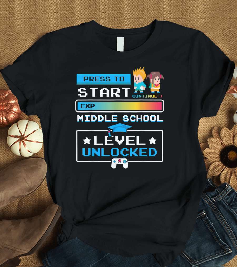 Press to Start Exp Middle School Level Unlocked Video Games T-Shirt