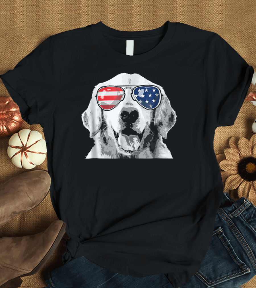 Patriotic Golden Retriever Dog Wearing American Flag Sunglasses 4th of July T-Shirt