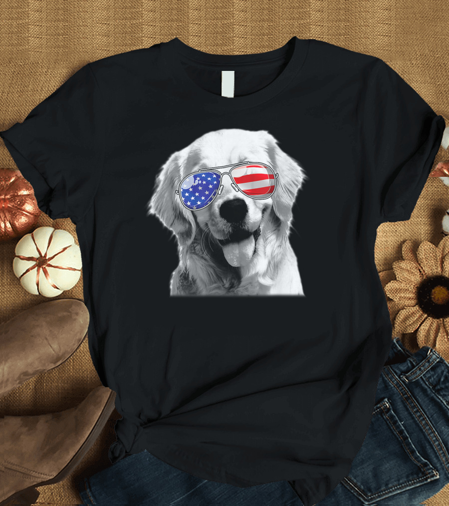 Patriotic Golden Retriever Dog Wears American Flag Sunglasses T-Shirt