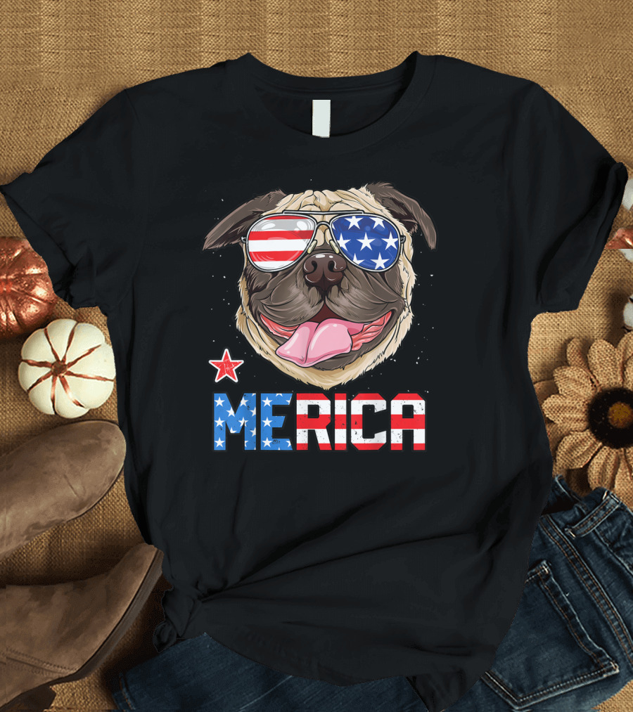 Pug Merica 4th of July Patriotic Dog with Sunglasses T-Shirt