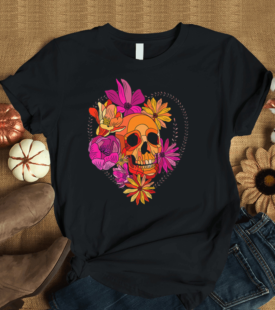 Skull Sugar Floral Heart with Vibrant Flowers T-Shirt
