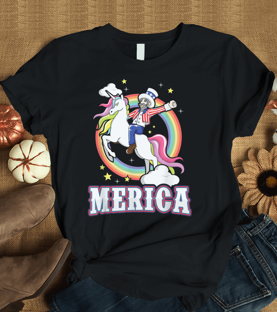 Uncle Sam on Unicorn with Rainbow Stars Merica T-Shirt