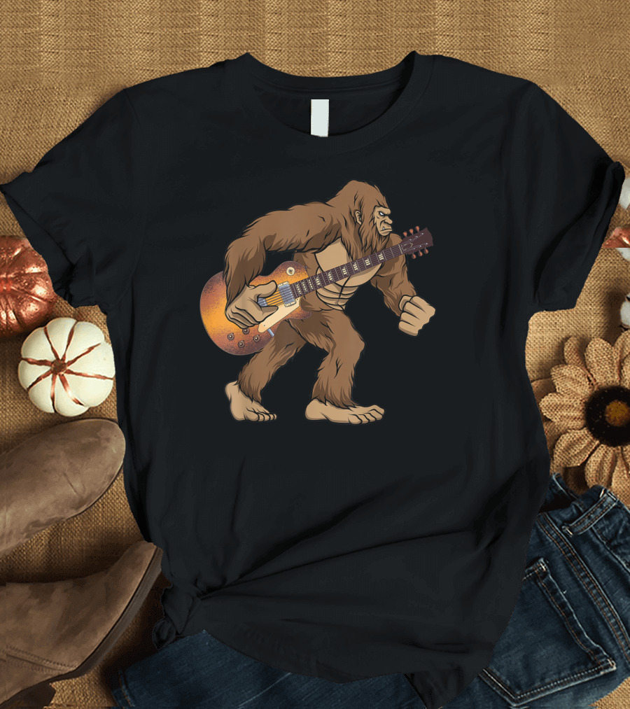Bigfoot Sasquatch Walking with Electric Guitar T-Shirt