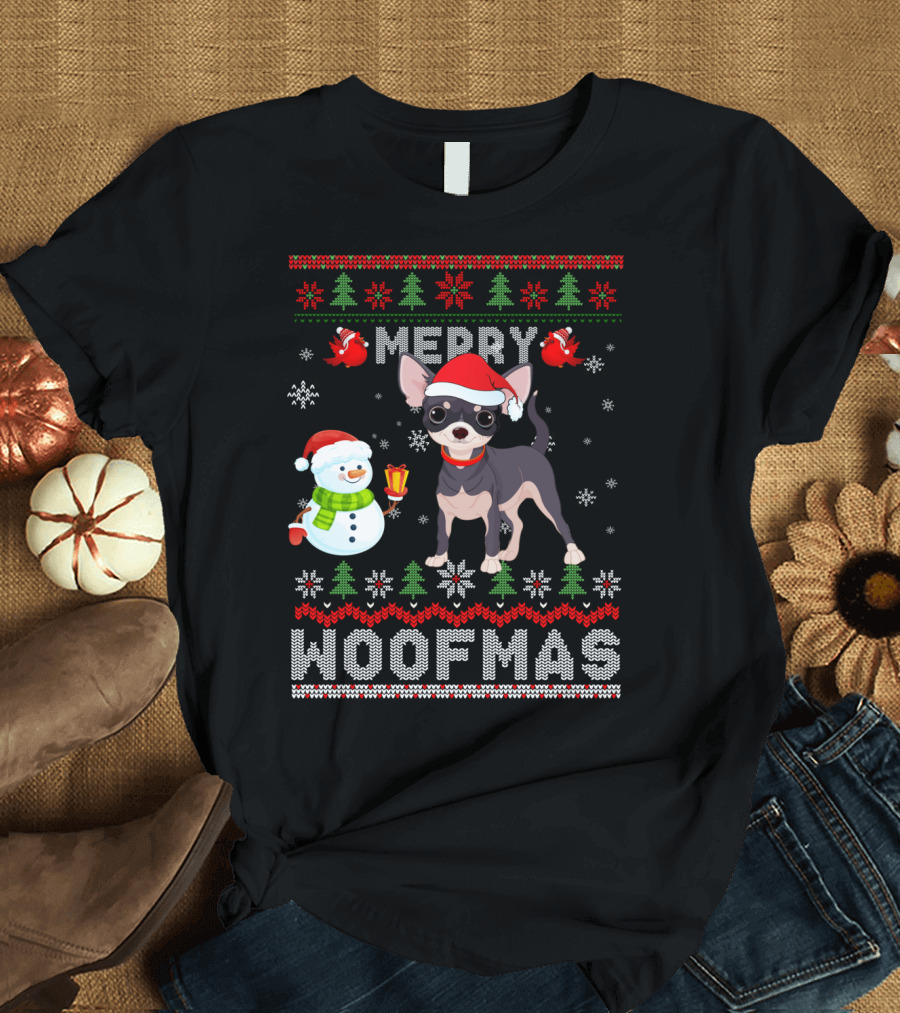 Merry Woofmas Chihuahua Dog Santa Hat Snowman Christmas T-Shirt