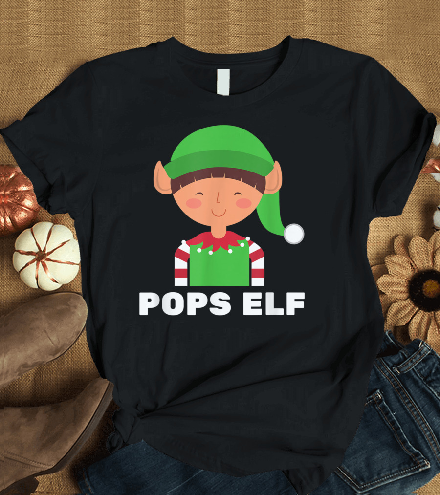 MENS POPS ELF FUNNY FAMILY HOLIDAY CHRISTMAS GREEN RED STRIPES HAT EARS T-Shirt