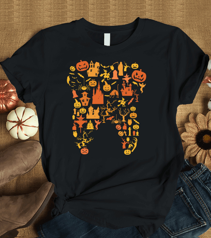 Funny Halloween Tooth with Pumpkins Ghosts Castles and Bats T-Shirt