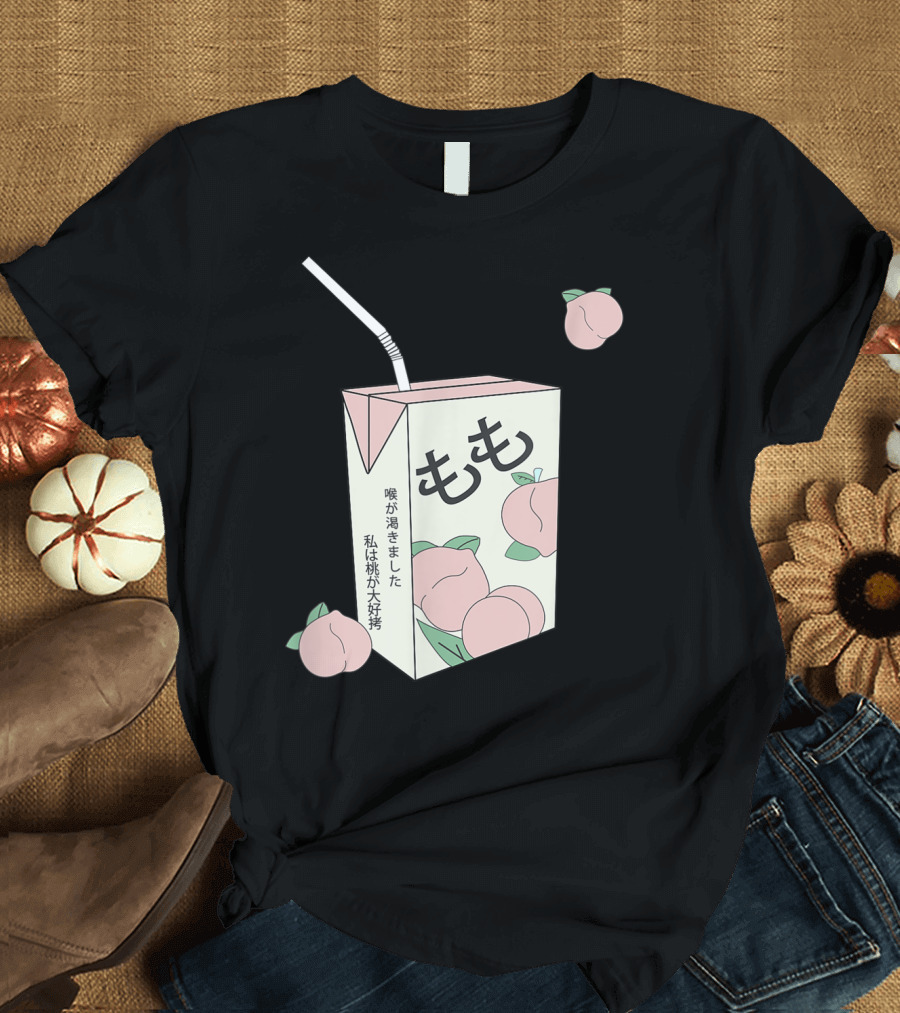 90s Japanese Otaku Aesthetic Peach Juice Box with Japanese Text and Pastel Peaches T-Shirt