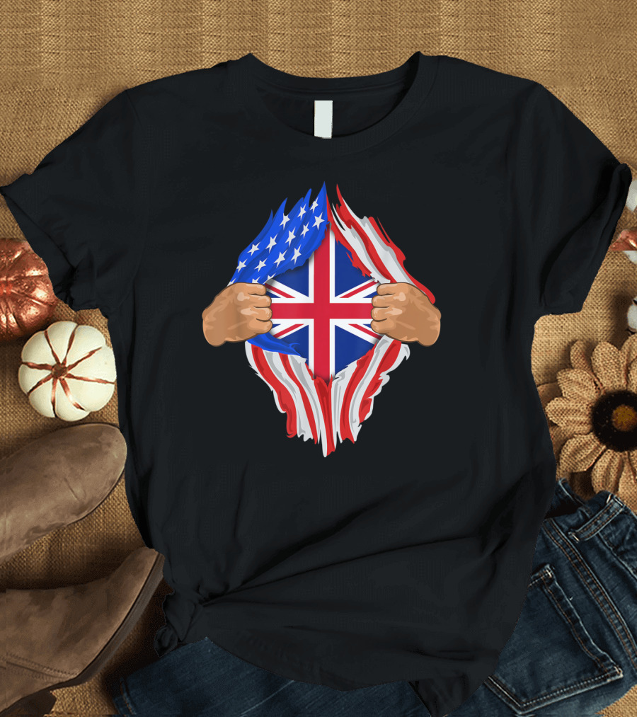 British Blood Inside Me UK Flag Torn American Flag T-Shirt