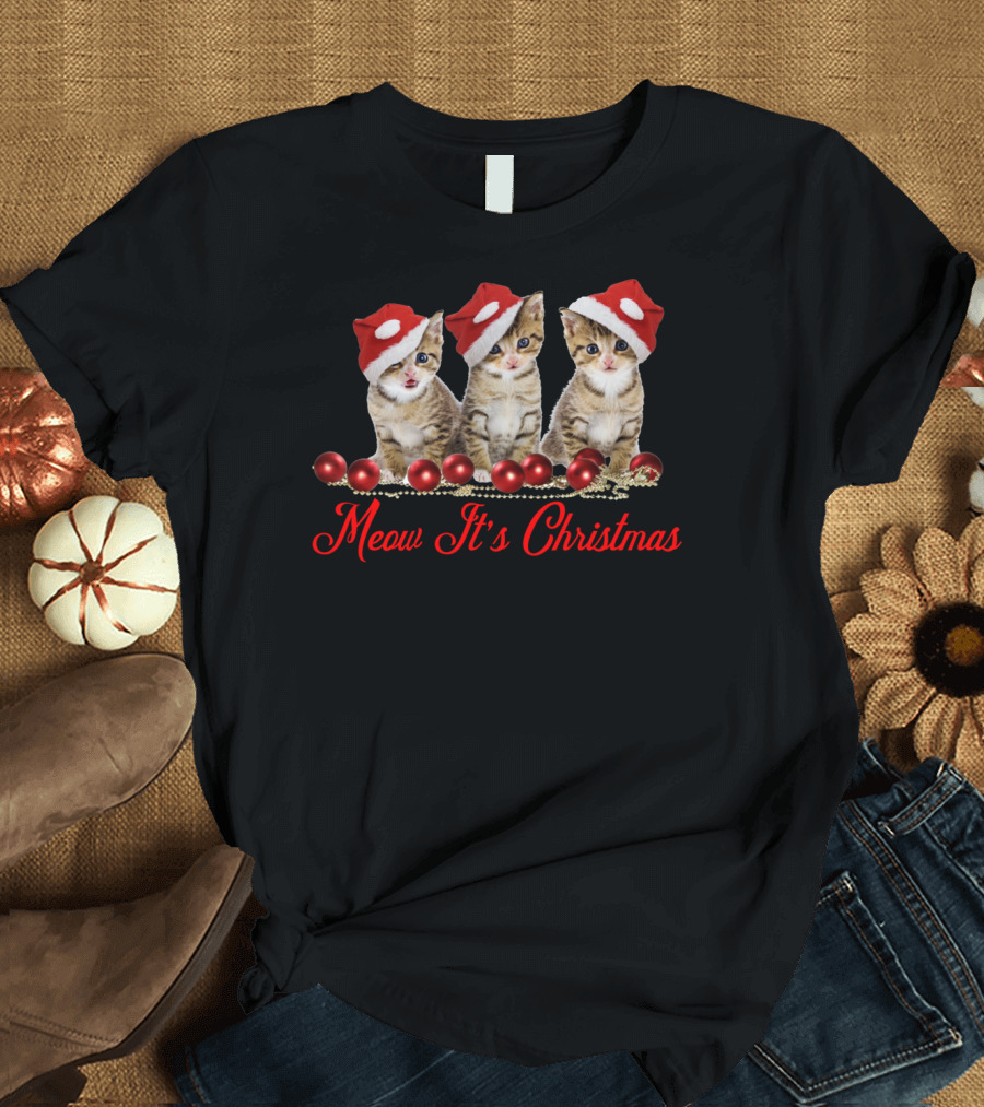 Meow It's Christmas Cute Cat Trio with Santa Hats and Red Ornaments T-Shirt