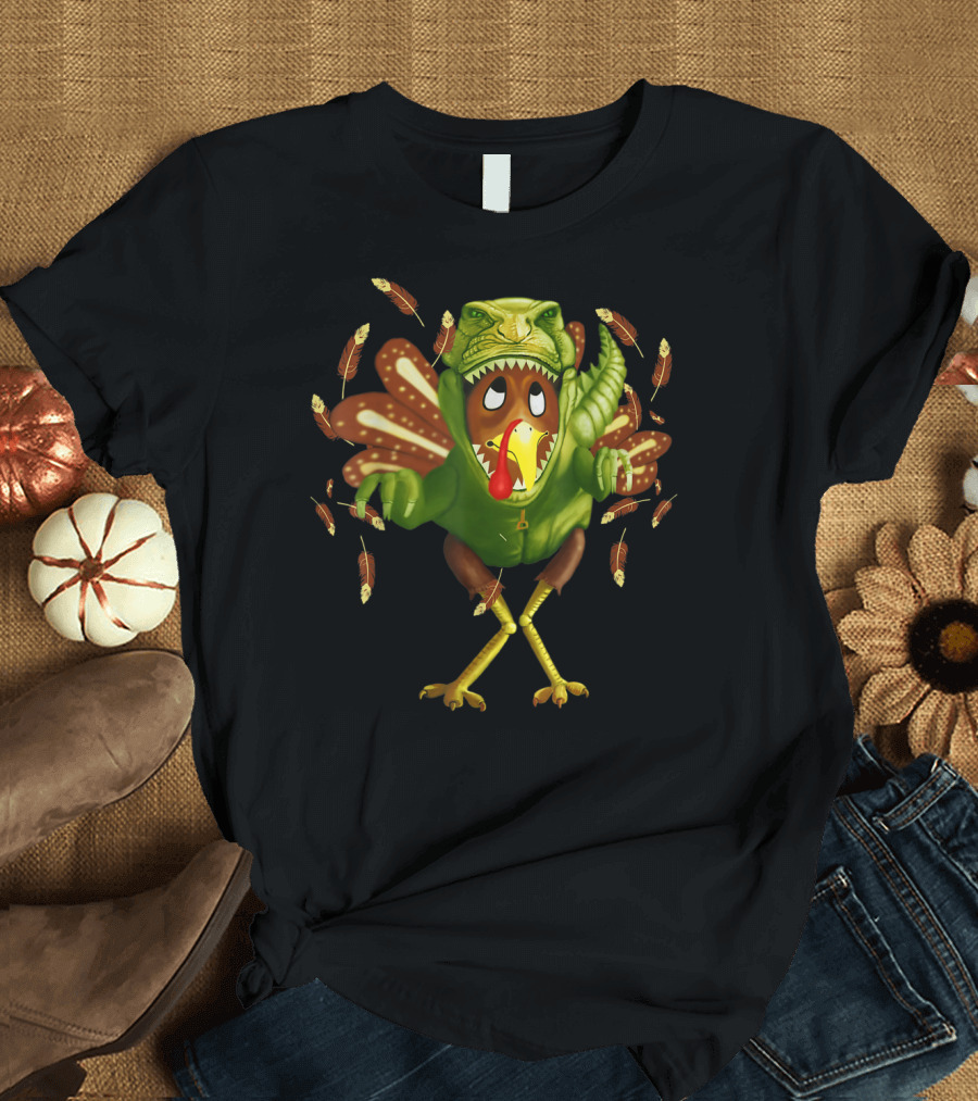 FUNNY TURKEY IN DINOSAUR COSTUME WITH SCARED EXPRESSION AND FALLING FEATHERS T-Shirt