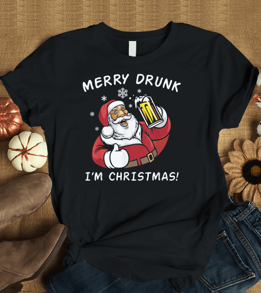MERRY DRUNK I'M CHRISTMAS SANTA DRINK BEER WITH SNOWFLAKES T-Shirt