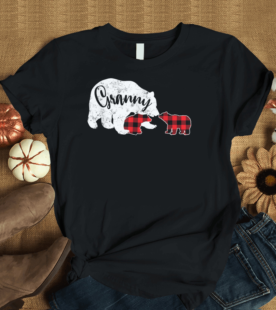 Granny Bear Red Plaid Two Cubs T-Shirt