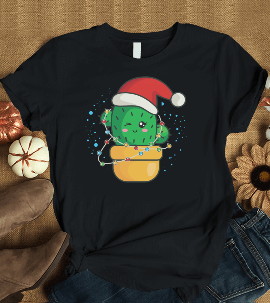 Christmas Cactus in Santa Hat with Holiday Lights T-Shirt
