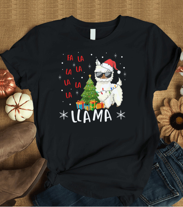 T-Shirt: Fa La La Llama Llama Christmas Santa Hat Sunglasses Tree Presents T-Shirt Fa La La Llama Llama Christmas Santa Hat Sunglasses Tree Presents T-Shirt