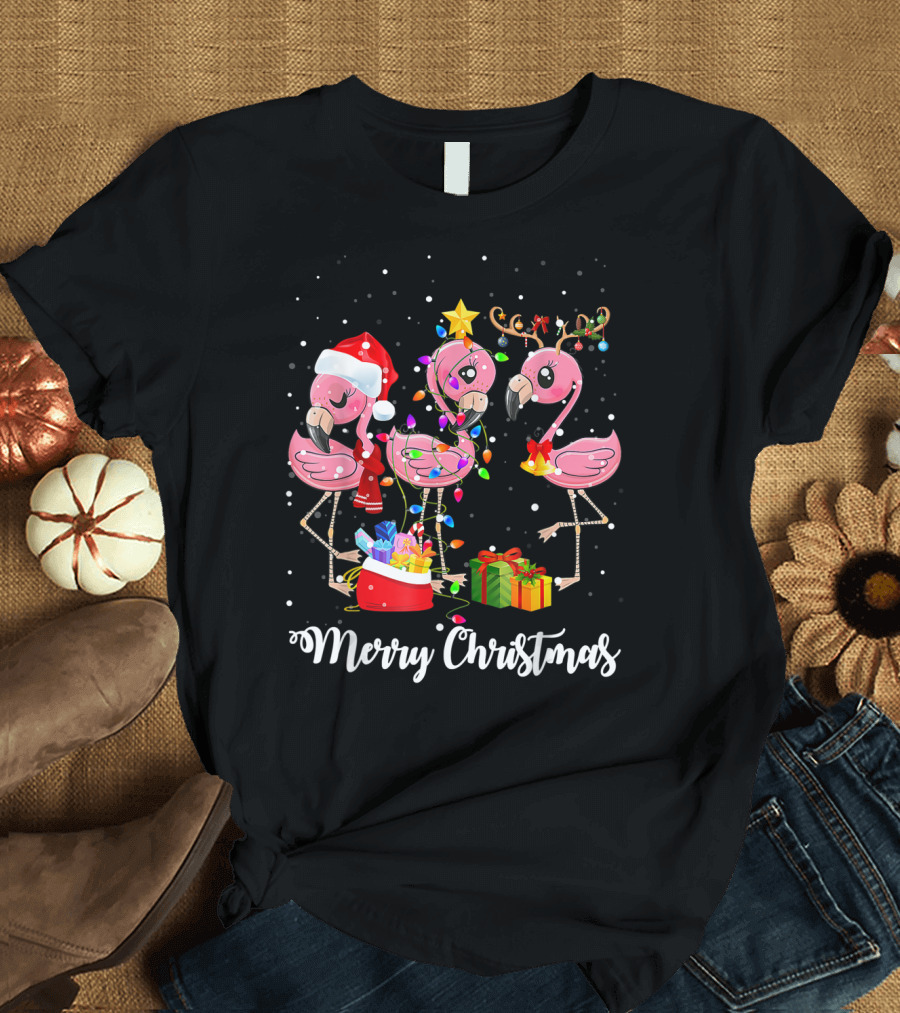Merry Christmas Funny Flamingo Xmas Lights Santa Hat Gifts T-Shirt