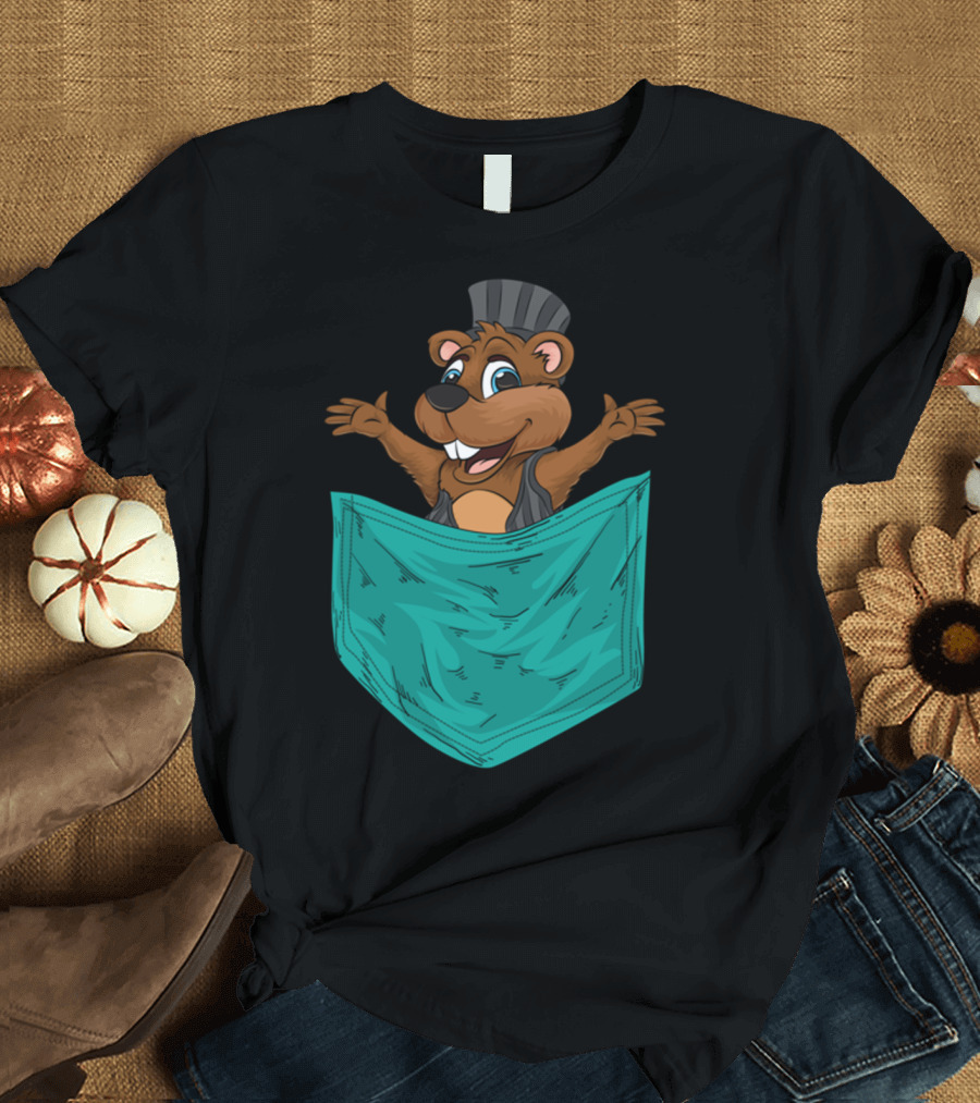 Groundhog Popping Out of Pocket Cartoon for Groundhog Day Marmots T-Shirt