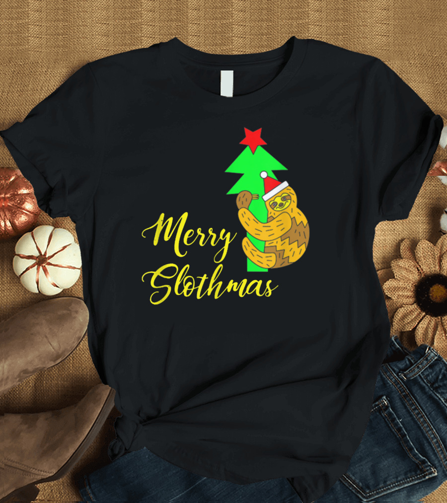 Merry Slothmas Santa Hat Sloth Hugging Christmas Tree T-Shirt
