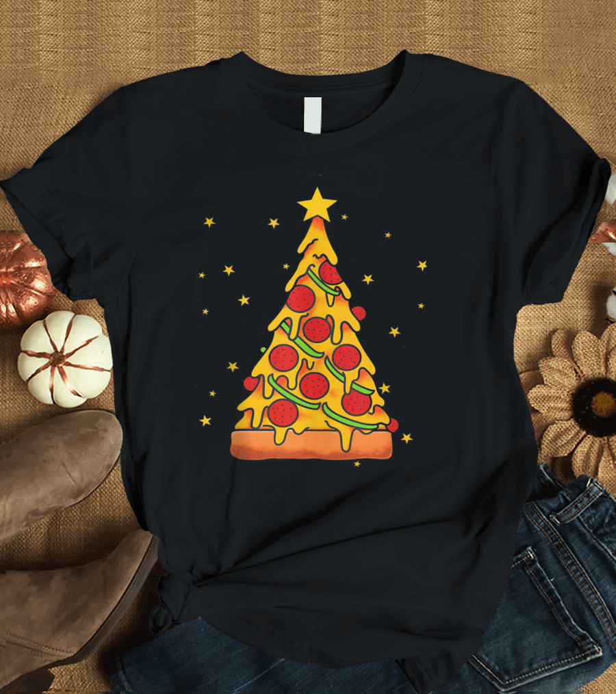 Pizza Christmas Tree Christmas Crustmas Pepperoni Stars T-Shirt