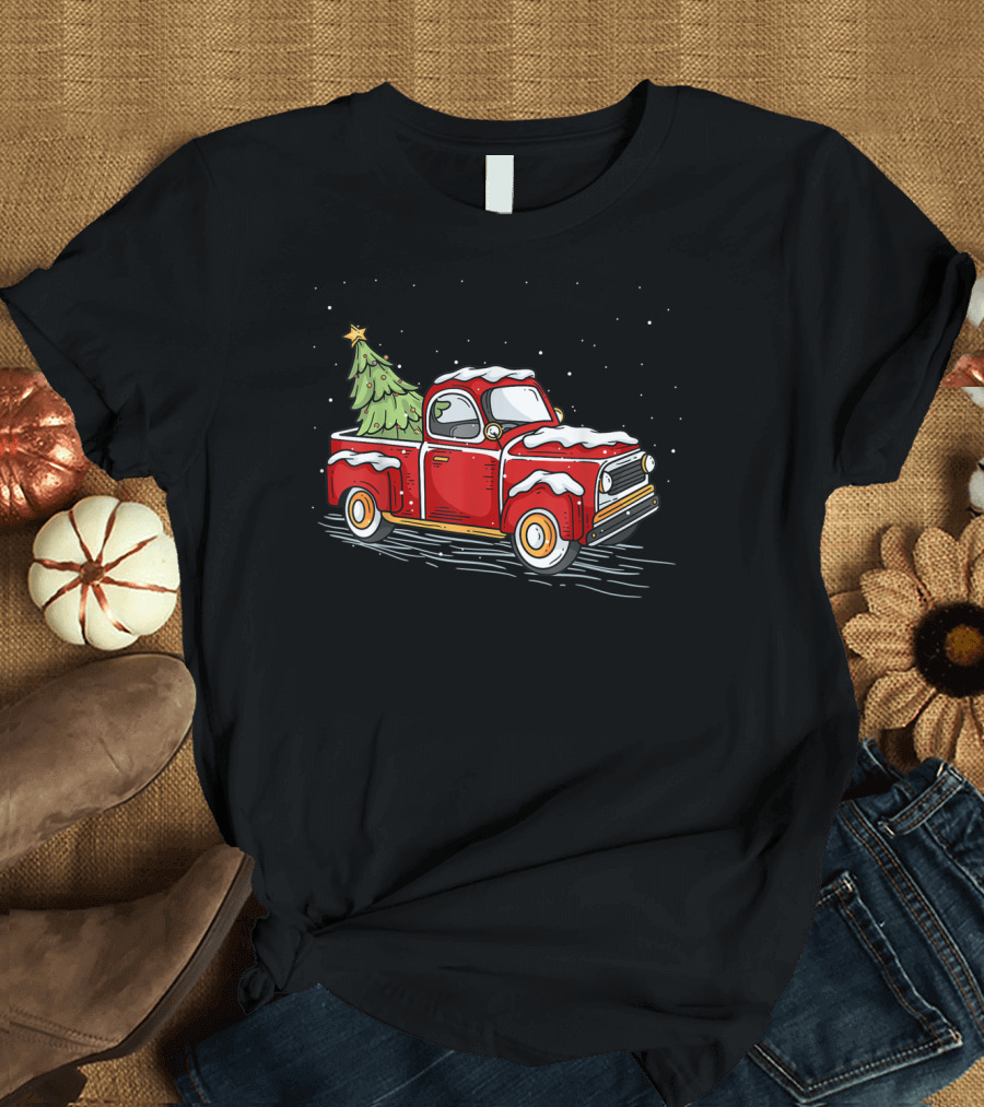 Vintage Red Truck with Christmas Tree and Snowflakes T-Shirt