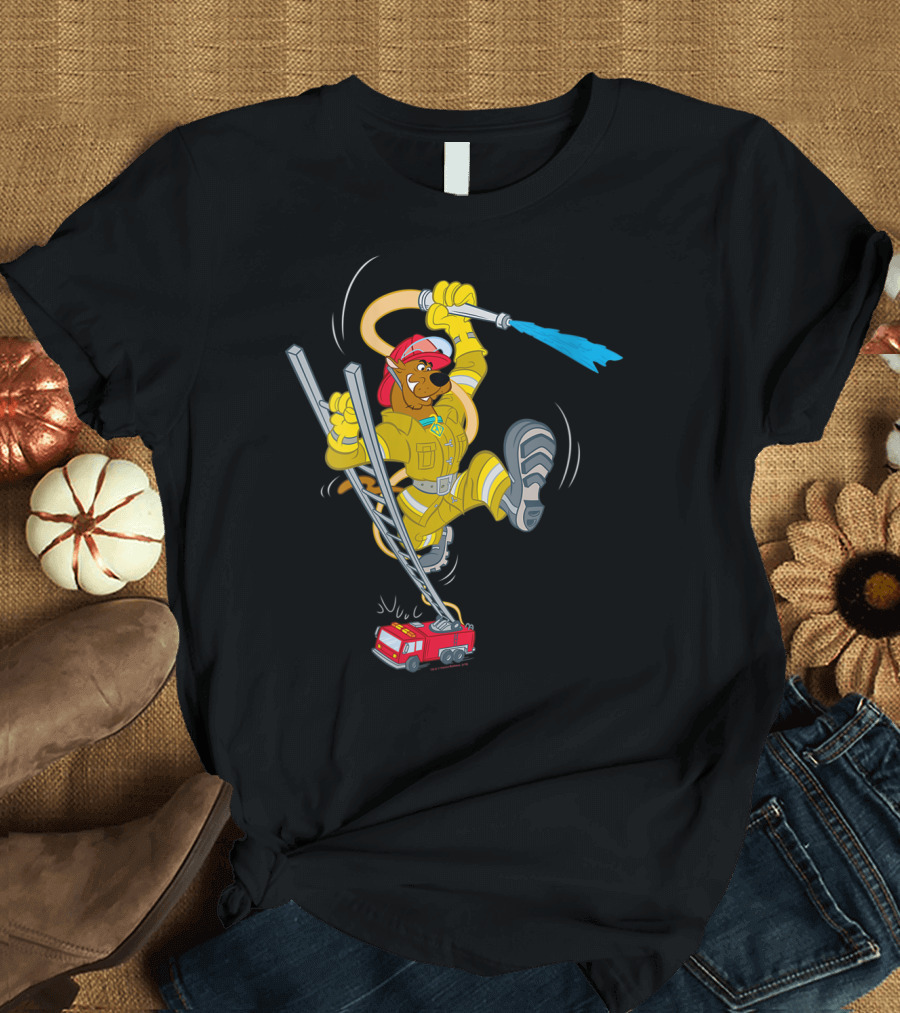 Scoobydoo Firefighter Cartoon with Fire Truck and Hose T-Shirt