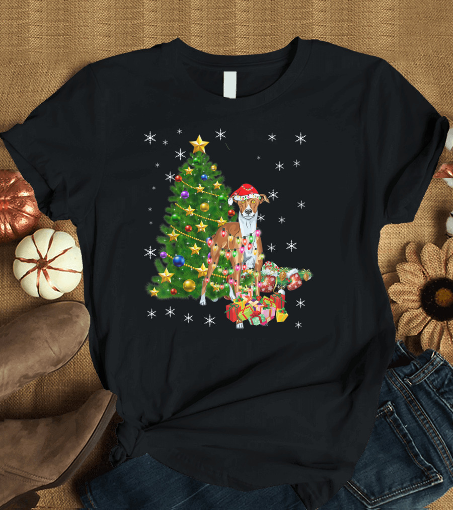 Greyhound with Santa Hat and Christmas Tree Lights Surrounded by Gifts and Snowflakes T-Shirt