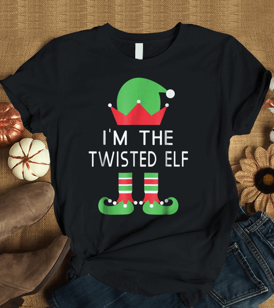 I'M THE TWISTED ELF Funny Christmas Costume Green Hat Red Shoes Striped Socks T-Shirt
