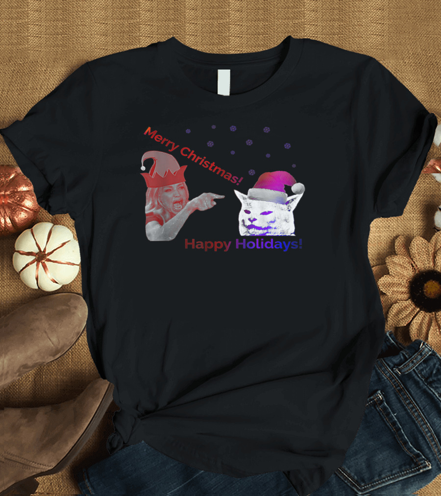 Merry Christmas Happy Holidays Woman Arguing with White Cat T-Shirt