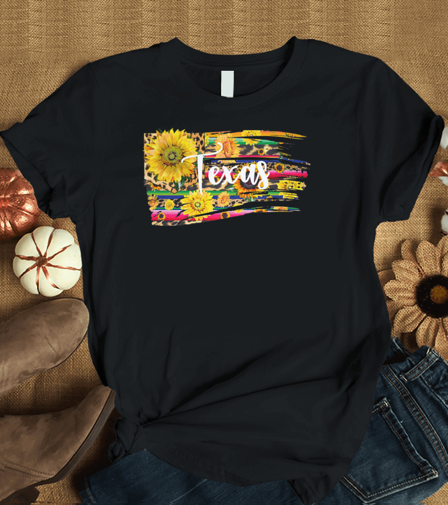 Texas Sunflower Stripes with Leopard Print T-Shirt