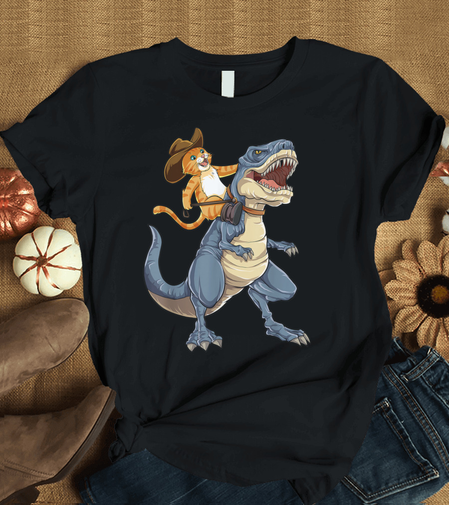 Cowboy Cat Riding Dinosaur Rex Purrassic Kitty Dino Adventure T-Shirt