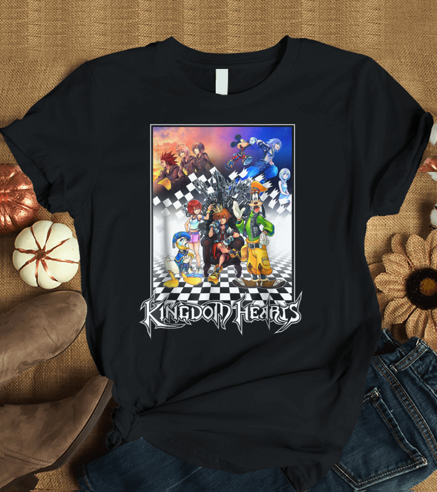 Kingdom Hearts Throne Sora Goofy Donald Mickey Disney Characters Checkerboard T-Shirt