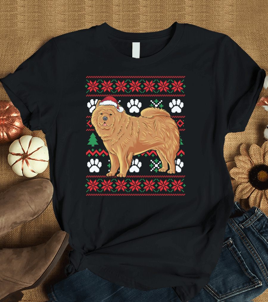 Chow Chow Santa Hat Ugly Christmas with Paw Prints and Snowflakes T-Shirt