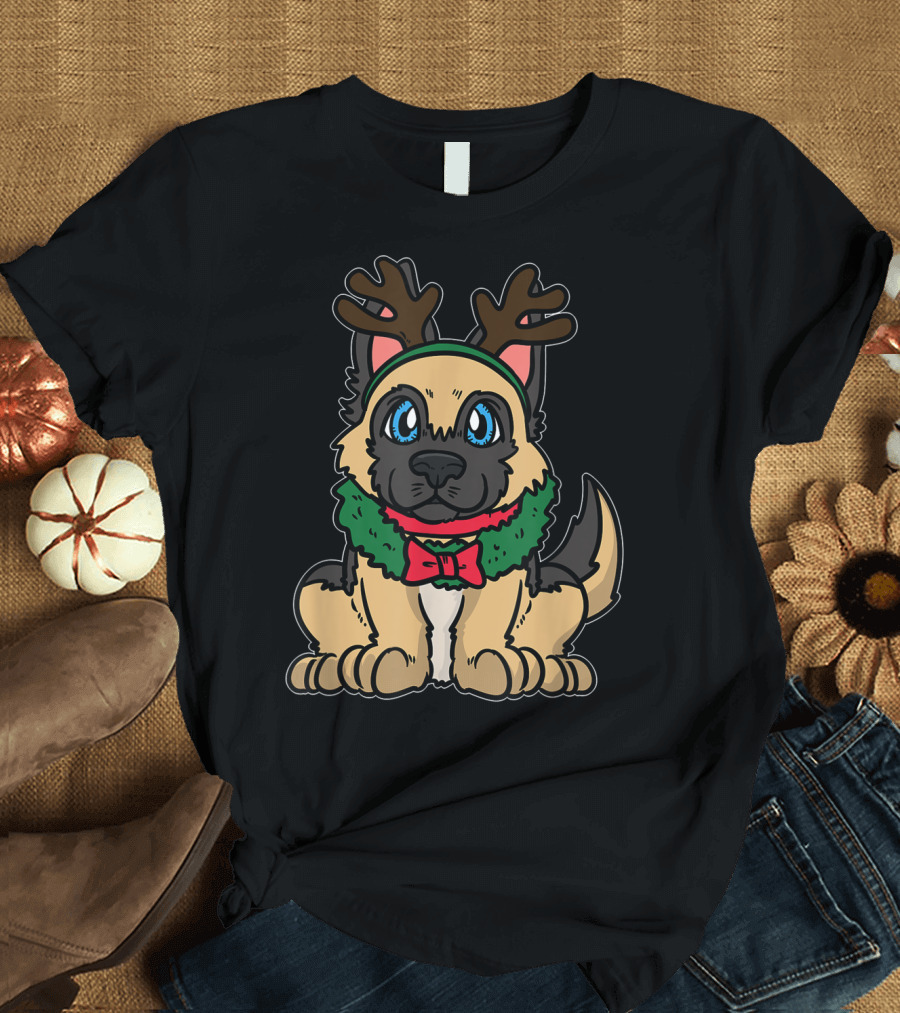 Cute Festive German Shepherd Puppy with Reindeer Antlers and Christmas Wreath T-Shirt