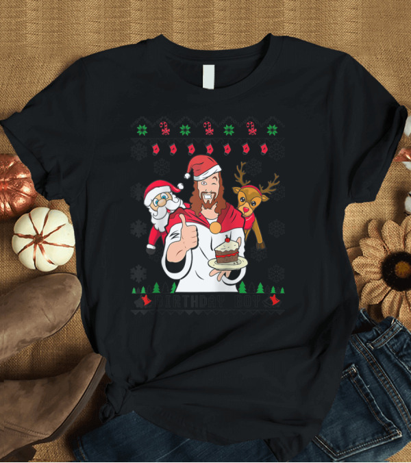 T-Shirt: Birthday Boy Jesus Santa Claus Reindeer Christmas Cake T-Shirt Birthday Boy Jesus Santa Claus Reindeer Christmas Cake T-Shirt