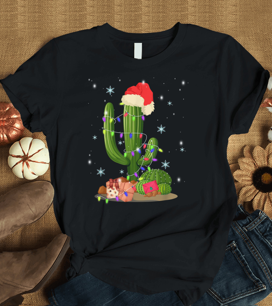 Christmas Lights Cactus Lover Funny Xmas Santa Hat Snowflakes T-Shirt