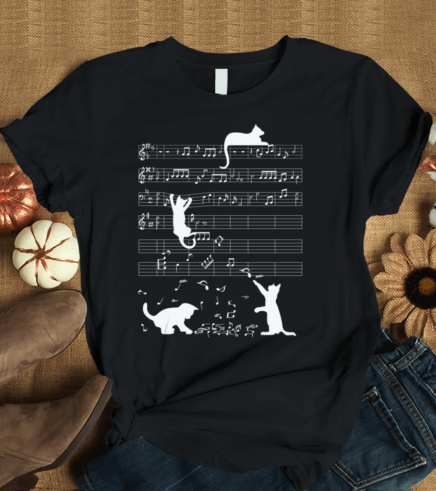 Cute Cat Kitty Playing Music Notes Clef Melody T-Shirt