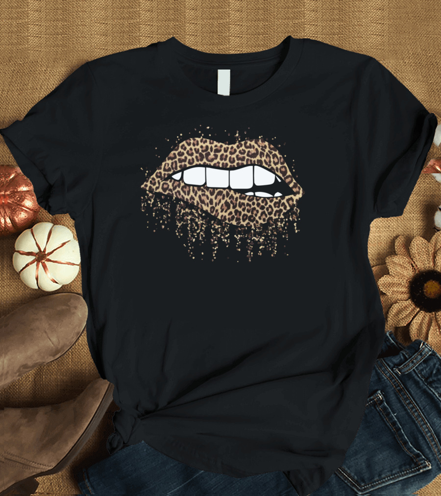Leopard Print Dripping Biting Lip Fashion T-Shirt