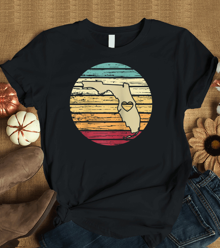 Florida State Heart Map Retro Color Stripes T-Shirt