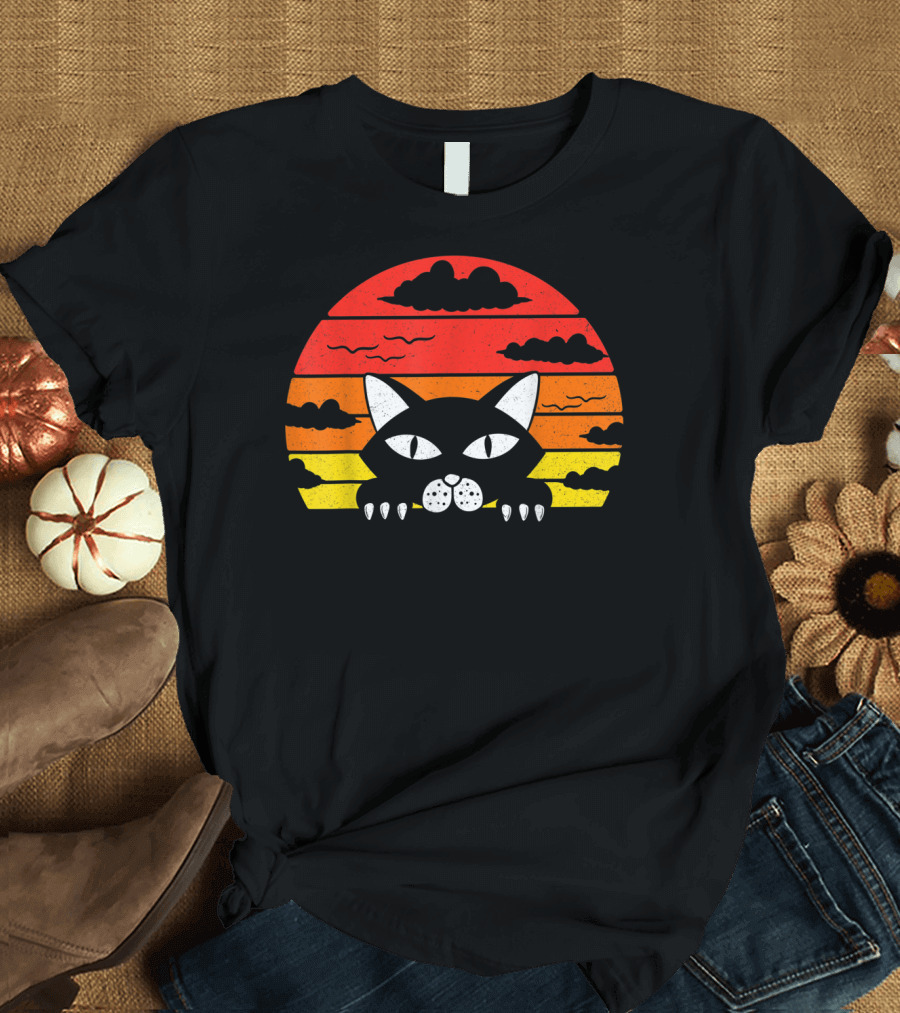 Funny Cat Kitty Cat Lovers Moms Dads Sunset Peeking Cat T-Shirt